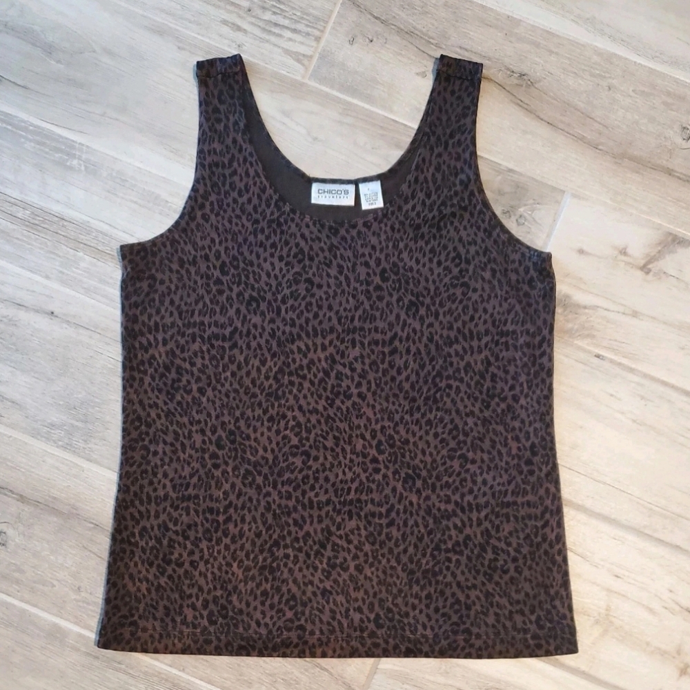 CHICOS TRAVELERS Liquid Knit Cheetah Leopard Animal Print Tank Top Sz 2 M Scoop